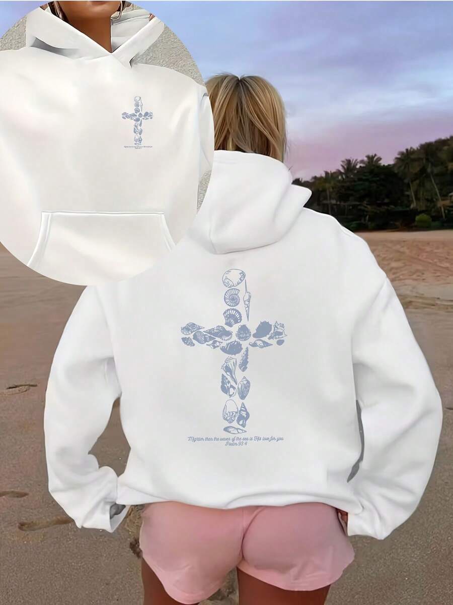 CHICLY19 Boho Floral Cross Graphic Hoodie With Bible Verse, Women's Casual Oversized Pullover Hooded Sweatshirt, Christian Faith-Inspired Long Sleeve Top, Cozy Fleece Lined, Preppy Aesthetic, Perfect For Church Services, Bible Study Groups, Beach Days, School, Errands & Lounging, Ideal Gift For Religious Believers, Faith-Based Communities, Christian Teens & Spiritual Seekers, Breathable Soft Fabric, White & Heather Gray Options, Plus Size Available - 白色 - 查看 1