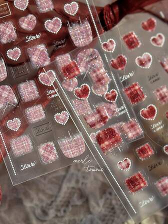 1 st Alla hjärtans dag/bal nageldekoration, romantiska plyschrutiga hjärtformade konstnagelklistermärken, upplysta och glittrande tredimensionella och hjärtformade, rutig, text nagelkonstdesign, damer familj gör-det-själv nagelsalongdekoration, nageldesignkonst för fashionistas och salongägare