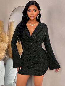 AIJ Amarilo 夏季情人节黑色亮面深V褶皱喇叭袖系带修身迷你连衣裙 - 鸡尾酒会礼服 - 黑色 - 查看 6