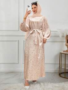 女士优雅扭腰圆领长袖提花连衣裙，派对礼服，阿拉伯风格连衣裙，新年礼服，情人节粉色连衣裙 - 粉色 - 查看 5