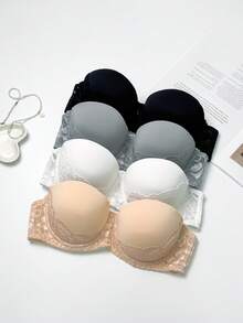 4pcs/Set Women's Lace Patchwork Bra, Detachable Straps, Half Cup Wireless Design, High Support Thick Padding, Floral Lace Detail, Suitable For Daily Wear, Pair With Wedding Dress And Strapless Tops - Multicolor - View 4