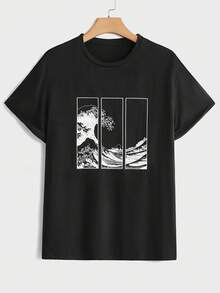 Camiseta masculina com estampa gráfica, camiseta casual de algodão com padrão de ondas, gola redonda, manga curta, conforto o ano todo, tecido de malha 180g, modelagem regular masculina. - Preto - Ver 7