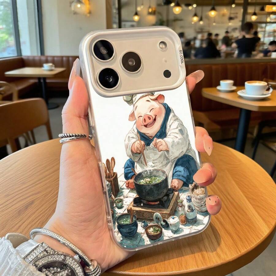 Funda de Teléfono Impresión de Escena de Cocina de Chef Cerdo Blanco para iPhone 14 13 12 11 Pro Max y  Galaxy S23 S22 S21 Plus, Opción de Regalo Ideal para Todas las Temporadas - Plateado - Ver 1