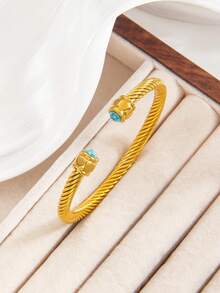 Bộ 2 vòng tay thép không gỉ vàng sang trọng và vòng tay bện ngọc lam xanh, thích hợp cho ngày lễ tình nhân, đám cưới, tiệc tùng và lễ kỷ niệm Ramadan, quà tặng trang trí, trang sức tinh tế - vòng đeo tay - Xem 4