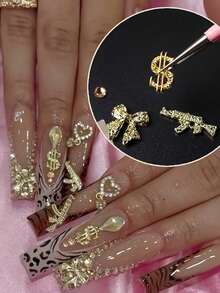 20件/包 3D金色美甲饰品 - 心形、蝴蝶结、手枪和美元符号水钻饰品，适用于指甲/脚趾，非常适合派对、婚礼和舞会，持久闪亮。