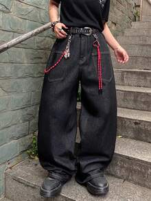 1pc Vintage American Style Embroidered Wide Leg Jeans For Men, Personalized Pockets, Loose Fit Casual Denim Pants (Belt And Accessories Not Included) - Black - View 2