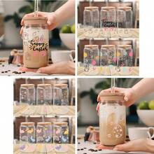 4pcs Easter Bunny Theme UV DTF Cup Wrap For 16oz Libbey Glass - Waterproof 3D Crystal Transfer Sticker For DIY Crafting, Mugs, Laptops