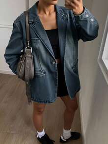 Livesso 尖领单排扣水洗牛仔夹克，返校季服装 - 中等水洗藍 - 查看 4