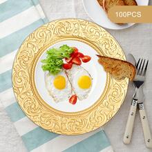 100pcs Charger Plates, 12.99in Table Charger Plates Set, PP Round Dinner Plates With Leaves Pattern Rim, Dinner Table Decorative Charger For Home Wedding Kitchen Birthday Bridal Shower Party Table Supply, Reusable Serving Plates Decor Dinner Plates, Silver Gold Green Black Charger Plates - 金色 - 查看 4
