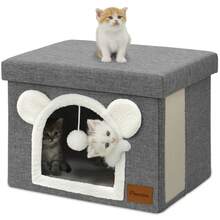 Cama cubierta grande para gatos de interior - Casa cúbica extra ancha para gatos con bola de peluche colgante y almohadilla rascadora, cueva plegable para mascotas como escondite para múltiples gatos - Talla única - gris - Ver 1