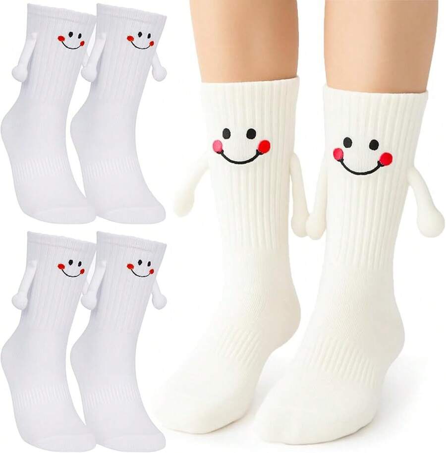 Funny Socks For Couples Friends, Magnetic Holding Hands Socks, Cute Valentine's Day Birthday Gifts For Women Men - 白色 - 查看 1