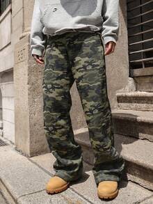 Men's Loose Straight Wide Leg Camouflage Jeans, American Casual Street Style Versatile Denim Pants, Suitable Gift For Husband Or Boyfriend - Army Green - View 3