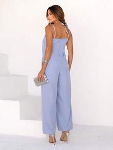 Women's Long Jumpsuit With Elegant Tie Detail - Serenity Blue - View 2