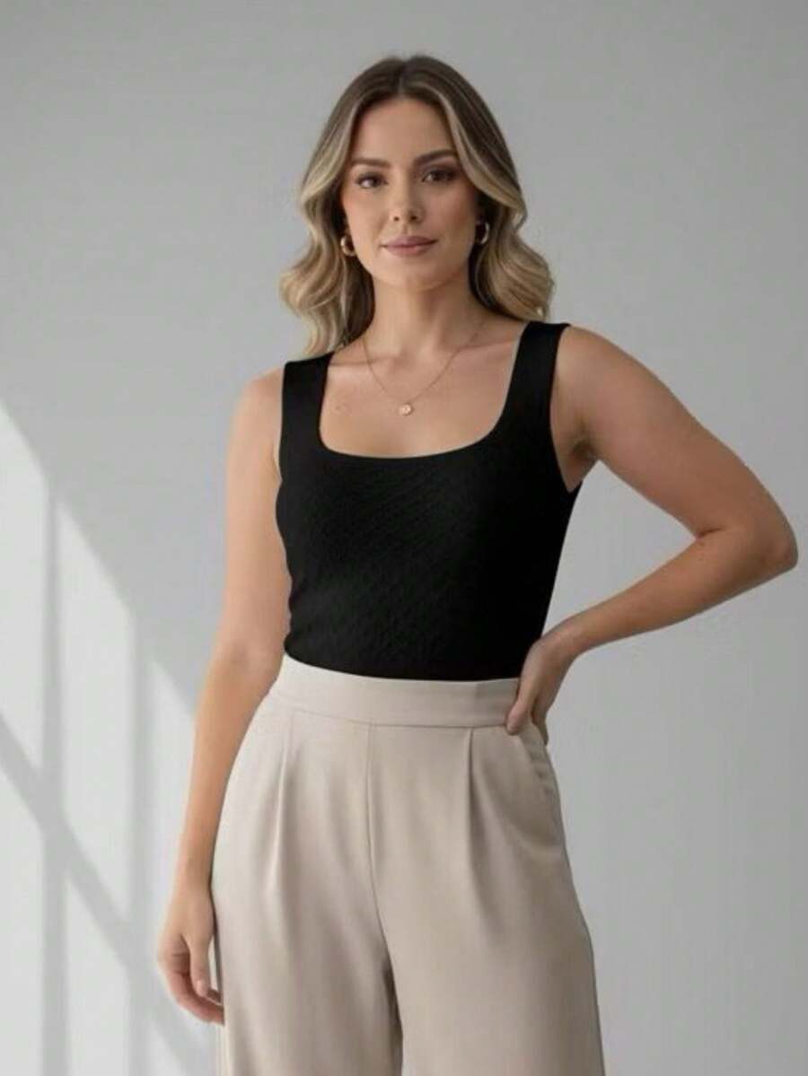 Women's Basic Modal Knit Bodysuit With Square Neckline - Summer Fashion - 黑色 - 查看 1