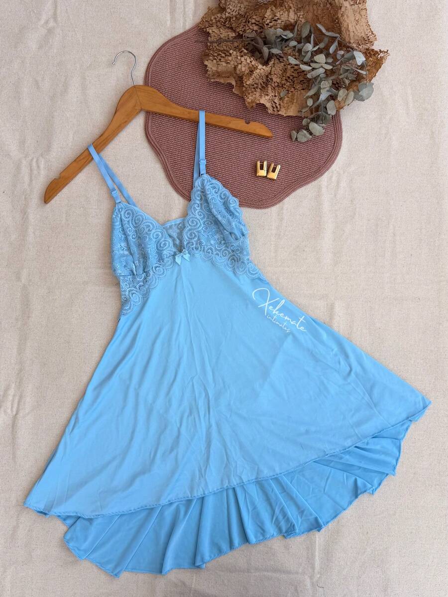 Sexy Lace Nightgown With Backless Detail, Ruffled Train, Slit, No Padding, Sleep Dress, Lingerie, Nightwear Line - Baby Blue - View 1