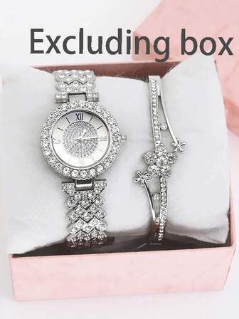 Set de 2 piezas de reloj de cuarzo de mujer con números romanos decorados con rhinestones y pulsera de moda