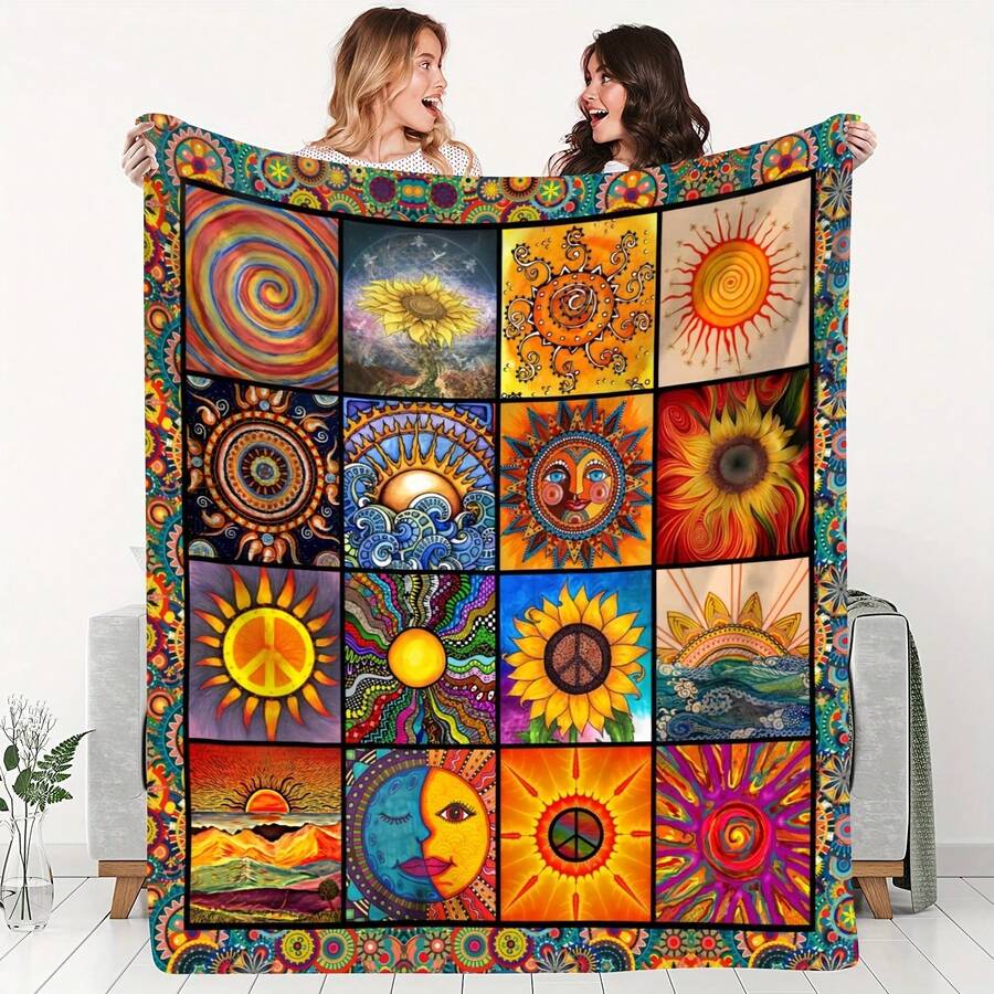 Soft, Usable For All Seasons, Hippie Blankets And Throws - Boho Hippie Quilt Blanket, Hippie Print Throw Blanket - Adults Hippie Blanket For Couch Sofa, Colorful, Artistic Design With Peace & Nature Motifs - 多色10 - 查看 1