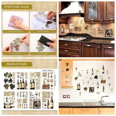 8 hojas de calcomanías de pared para botellas de vino, pegatinas de pared con uvas y frutas para decoración de cocina, pegatinas de cata de vinos, decoración de comedor, sala de estar, bar y restaurante