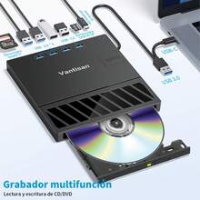 Quemador de CD y DVD Externo,Lector de CD, Grabadora DVD Externa USB 3.0 y Tipo C, Grabadora CD/DVD Lector Portátil con Lector Tarjeta/TF,Compatible con Linux OS - Negro - Ver 2