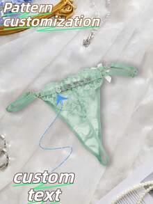 1pc Customized Metal Letter, Customized Name, Embroidered Sexy Lace Low-Waist Adjustable Panty, Sheer Sexy Thong - Green - View 2