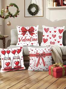 情人节四件套抱枕套 - 17.7x17.7 英寸，浪漫心形蝴蝶结设计，红白装饰抱枕套，适用于家居、办公室和客厅（不含枕芯），浪漫家居装饰|心形图案设计|拉链封口 - 紅白色 - 查看 5