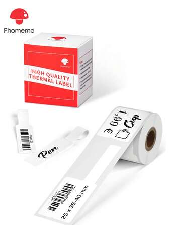  Phomemo 1Roll Thermal Label Paper, White Square Label Cable Label, 0.98"X1.5"-1.57" (25x38-40mm), 100Labels/Roll,For Phomemo M100/M102/M108/M120/M160/M110/M220/M120/M200/M221/M150/M250/M260/M421 Thermal Printer,Multi-Purpose White Self-Adhesive Sticker Paper,Suitable For Color Coding And Identification And More