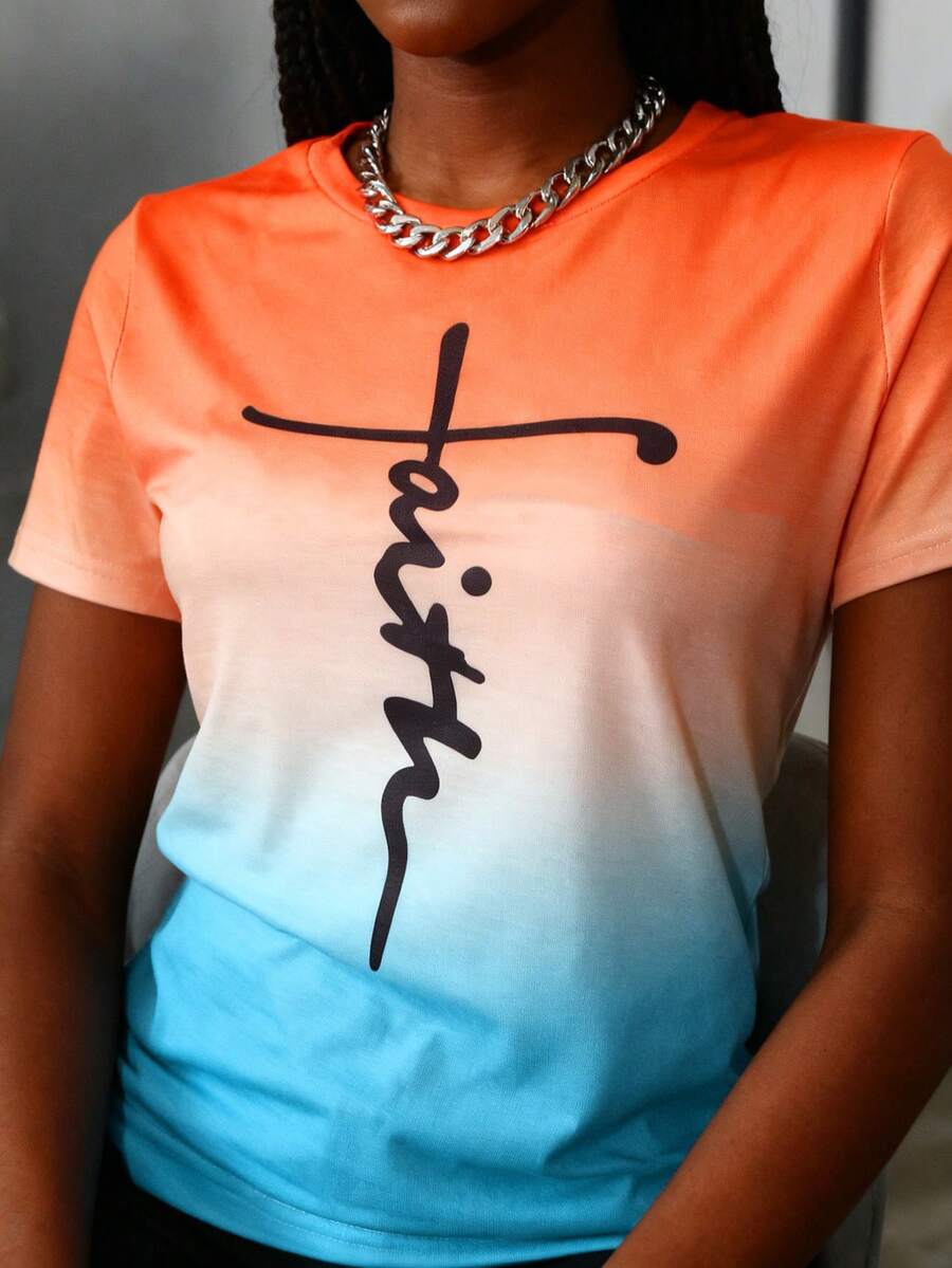 漸層字母圖案漸層T恤 - 橘色 - 查看 1