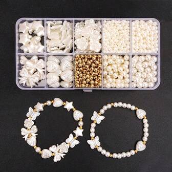 1 caja con 10 compartimentos, kit de accesorios DIY, juego completo de cuentas, perlas, hilo para pulseras, suministros para hacer joyas