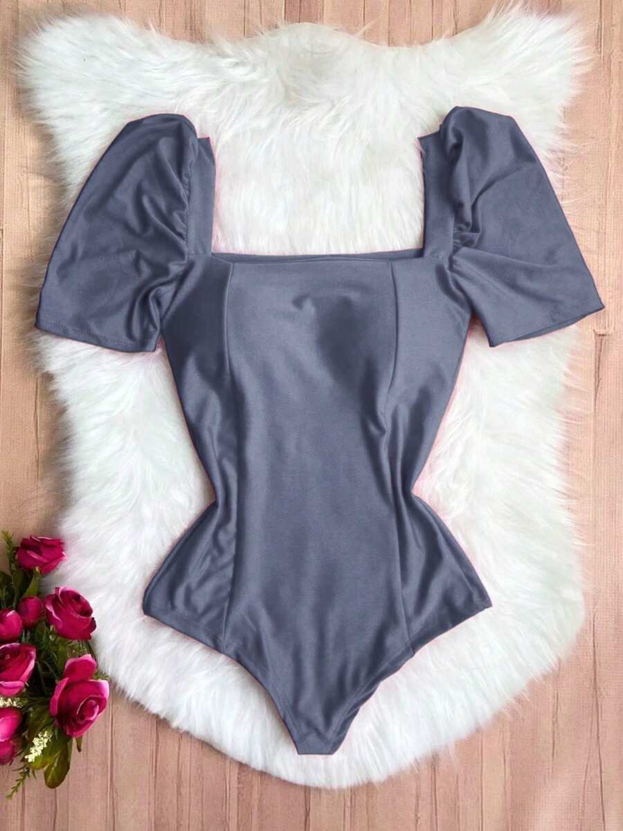 Women's Bodysuit Puffed Sleeve Suplex Moda Super Shipping!! - Grey - View 1