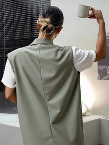 Livesso Solid Color Double-Breasted Sleeveless Blazer With Pockets Business Attire - Green - View 4