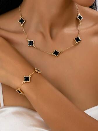 2pcs/Set Fashionable & Elegant, Retro Versatile, Metal 4-Petal Flower Necklace & Bracelet Jewelry Set, Suitable For Daily Commute, Parties, Family Gatherings, Valentine's Day Gift, Girlfriend/Mother Gift, All Season Wear