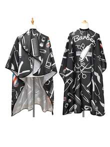 1件专业大号理发披肩 - 含按扣、剪刀和梳子图案，男女通用成人黑色美发沙龙披肩；男士防水美发披肩 - 黑與白 - 查看 3