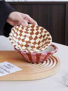 1pc Rose Striped Ceramic Bowl, Hand-Painted Checkerboard Pattern, Elegant And Refined, Suitable For Home Daily Tableware, Restaurant And Cafe Ice Cream Bowls, Gifts, Housewarming Presents, Holiday Decor - Multicolor - View 9