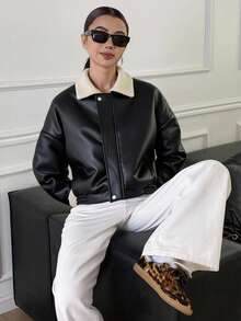 Livesso 女士PU皮革和仿羊羔绒拼接夹克，秋季女装 - 黑色 - 查看 5