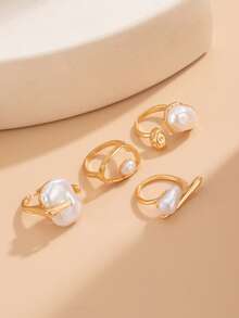 5件套复洛克风格仿珍珠不对称镂空珍珠叠戴戒指套装，优雅时尚女士首饰 - 金黃色 - 查看 9