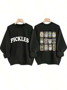 [Olive Green Sweatshirt] Soft Olive Green Crewneck Sweatshirt |       PICKLES Letter Print & Pickle Jar Graphic - Mid-Stretch Fabric, Machine Washable - 黑色 - 查看 7