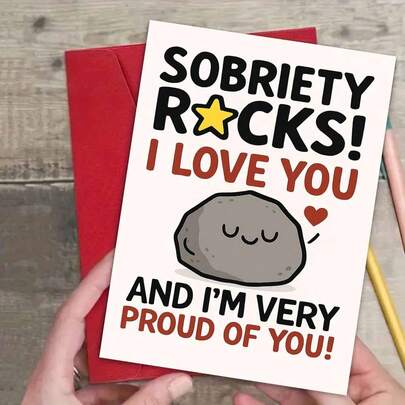 1 pieza Tarjeta de felicitación de sobriedad alentadora con sobre - Diseño "¡La sobriedad es genial!", gráfico lindo de roca y acentos de corazón, perfecto para seres queridos adultos en recuperación, ideal para hitos de sobriedad y momentos de apoyo, Tarjeta de sobriedad | Tarjeta de felicitación de recuperación | Tarjeta de felicitación de papel, Papelería de apoyo para adultos