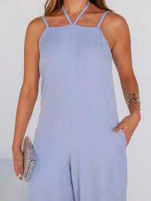 Women's Long Jumpsuit With Elegant Tie Detail - Serenity Blue - View 5