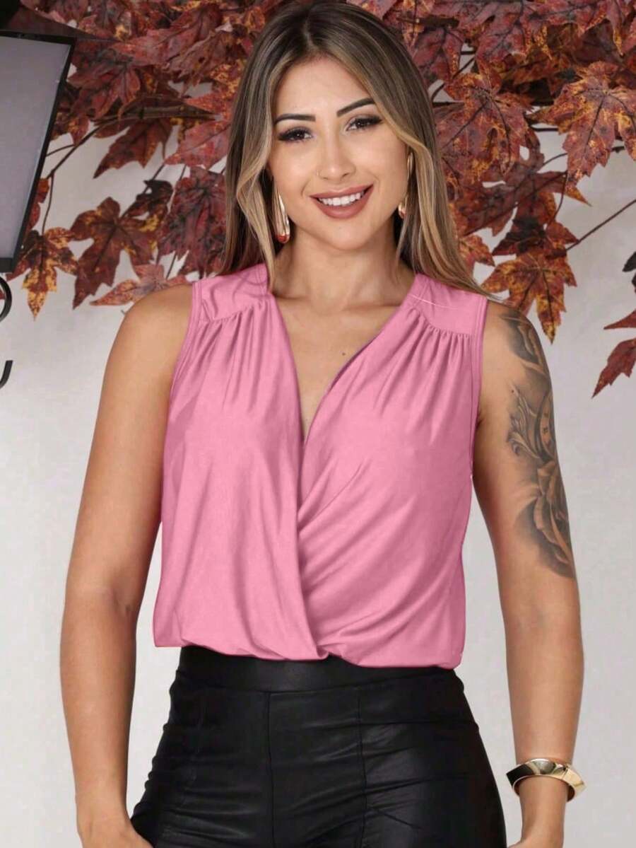 Women's Tank Top In Supplex Fabric, Simple, Casual, Party, Crossover, Ruched, Asymmetrical, Evening. - Baby Pink - View 1