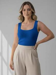 Women's Basic Modal Knit Bodysuit With Square Neckline - Summer Fashion - 寶藍色 - View 2