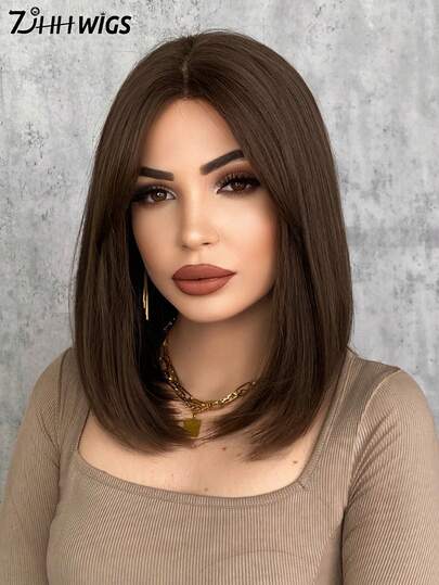 7JHH WIGS Short Straight Brown Bob Wig with Bangs Synthetic Shoulder Length Hair Middle Part Wigs for Women Daily Party Used High Density Heat Resistant 16 Inch