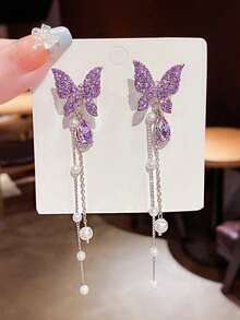 1 Pair Cute Butterfly Earrings, Celebrity Style, Long Pearl Tassel Crystal Earrings Jewelry - Purple - View 7
