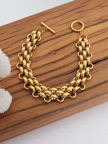 1入組歐式和美式風格酷和大膽厚鏈條設計不銹鋼手鏈附戒指扣 - 金黃色 - 查看 5