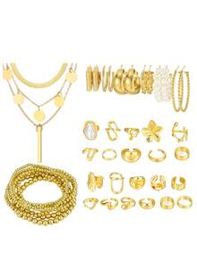 86/70/62/56/43pcs Fashionable Minimalist Elegant Vintage Design Cute Multi-Piece Stackable Chunky Geometric Flower Knot Water Drop Tassel Pendant Round Disc Resin Rhinestone Faux Pearl Faux Gem Star Moon Wave Snake Butterfly OT Clasp 8 Infinity Symbol Twist Knot Chain Snake Bone Chain Box Chain Multi-Layer Smooth Minimalist Plain Circle Cross Leopard Print Multi-Element Metal Style Jewelry Set, Suitable For Holiday, Party, Date, Daily Wear - Yellow Gold - View 3