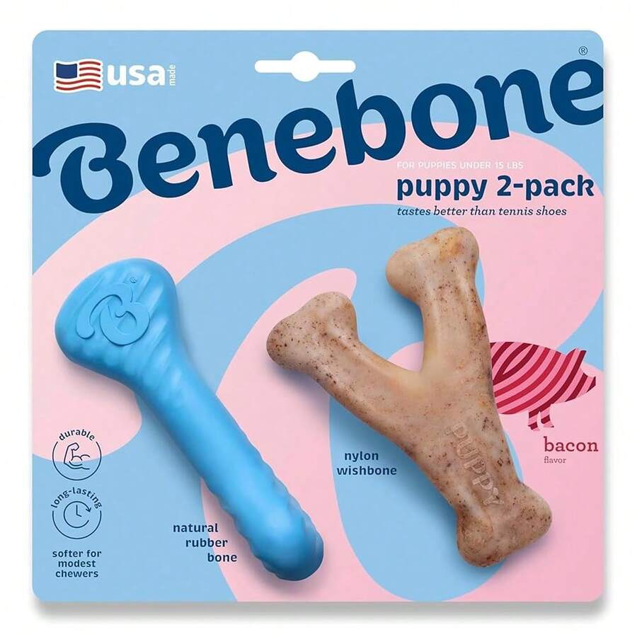 Benebone Puppy 2-Pack Rubber Bone/Wishbone Bacon Tiny,2Pack,Rubber-Tiny - Rubber-tiny - View 1
