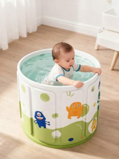 1个卡通图案可折叠婴儿浴盆，尺寸为27.56*25.59英寸，四季皆宜，容量大，可折叠节省空间
