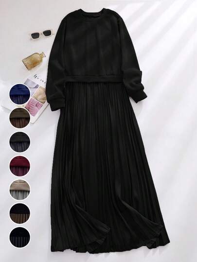 Robe mi-longue en tricot plissé à manches longues et couleur unie, grande taille, décontractée. Robe élégante pour femmes, robe noire, robe noire pour femmes