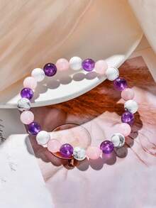 1条时尚8毫米白绿松石-紫水晶-粉晶天然石能量平衡睡眠手链，送给朋友 - 彩色 - 查看 3