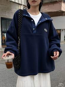 DAZY Women's Loose Fit High Neck Sweatshirt With Front Logo Print, Thick Thermal Lining, Autumn - Blue - View 1