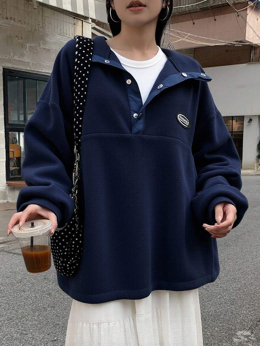 DAZY Women's Loose Fit High Neck Sweatshirt With Front Logo Print, Thick Thermal Lining, Autumn - Blue - View 1